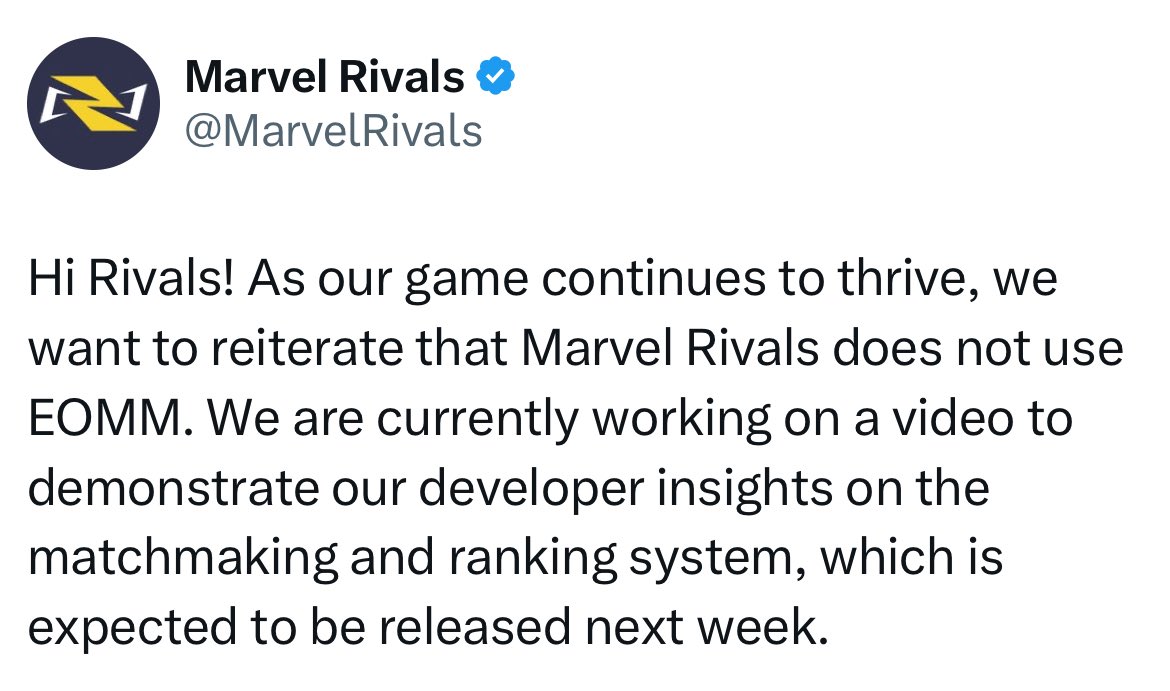 🚨مارفل رايفلز أكدوا مرة ثانية إنهم ما يستخدمون نظام EOMM، اللي هو نظام بعض الألعاب تحطه عشان يتحكم بالماتشات ويخليك تفوز أو تخسر بطريقة معينة بس عشان تظل تلعب وما تطفش.

قالوا إن الماتش ميكنج عندهم يمشي على مستواك وأداءك الحقيقي، مو فيه تلاعب ولا شي.

وبرضه قالوا إنهم بيصدرون