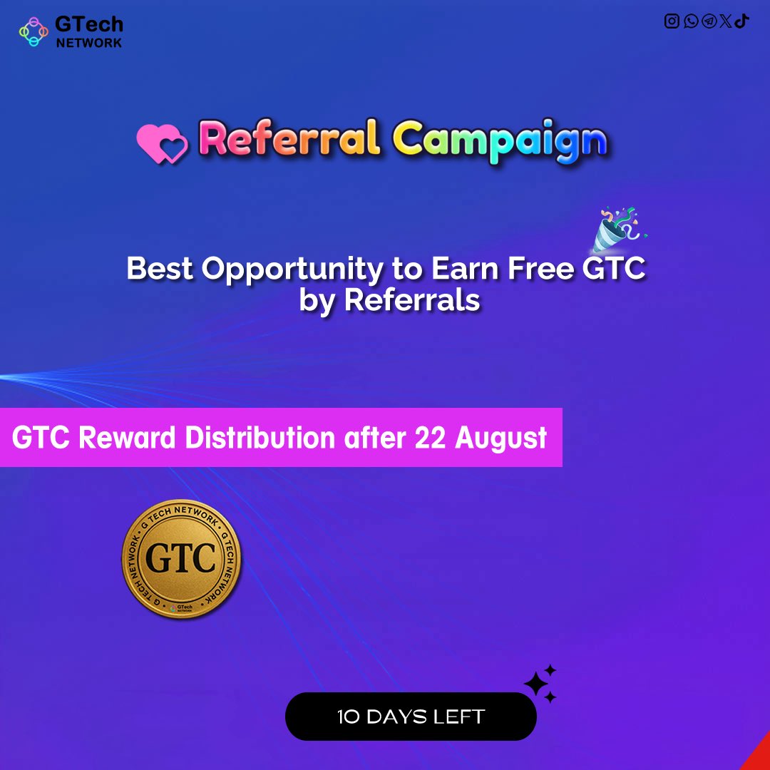 🚨 GTC REFERRAL CAMPAIGN UPDATE! 🚨 
Rewards distribution for successful referrals will take place after August 22nd! 🎁
- Referral tiers: 3, 5, 10, 20, 50, and 100
- Rewards in GTC will be credited to your GTC App wallet
- Withdrawal of GTC will open during TGE (Token Generation