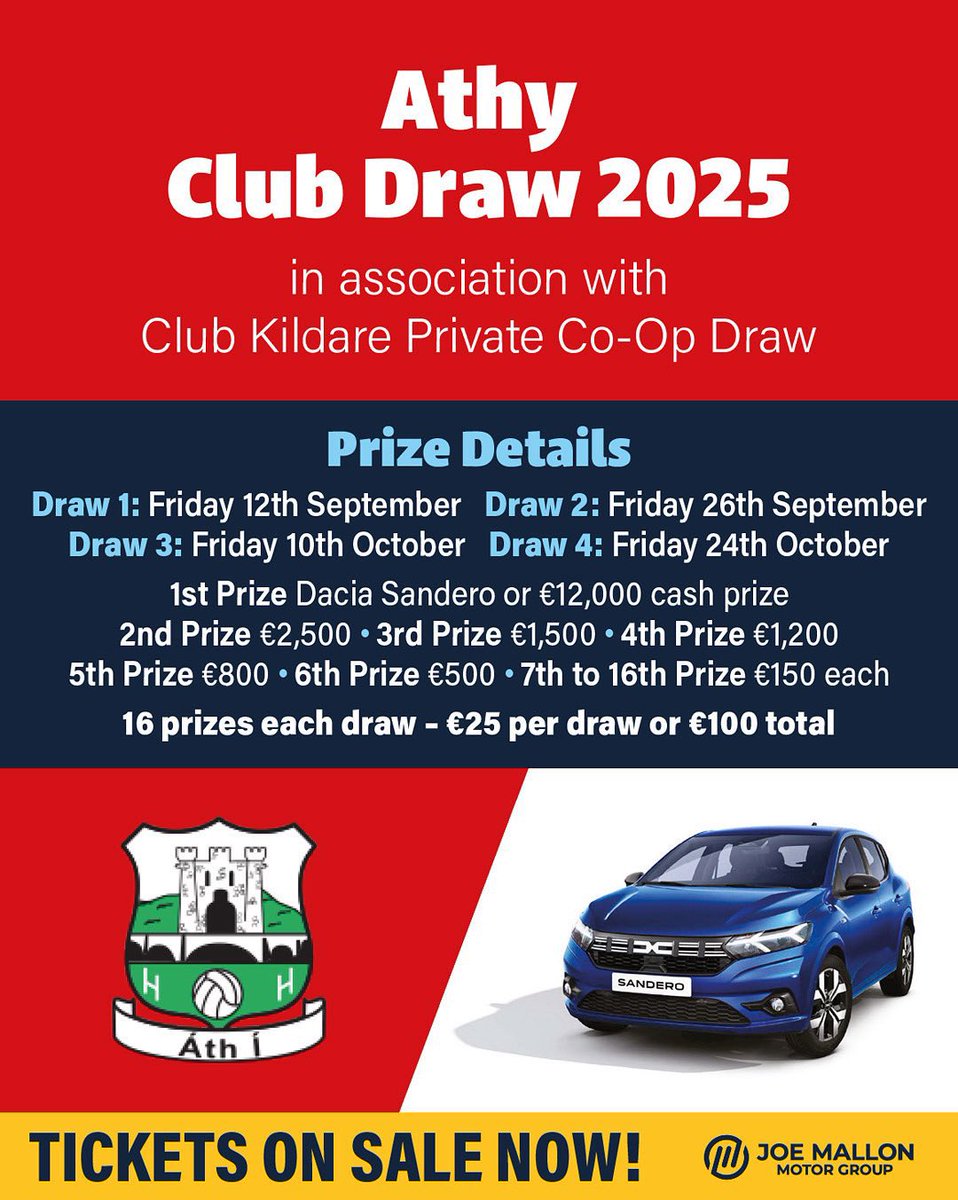 We are one month away till the 1st Club Kildare Draw.
Please make contact with committee members or club phone. <a href="/KildareGAA/">Kildare GAA</a> <a href="/JoeMallonMotors/">Joe Mallon Motors</a>