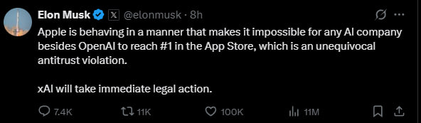 [FRONTRUN] 🏃‍♂️
MEDIUM RISK

9AYGWkfaWDjXxQHS6WQE1sAL43M5yjUAjHnpRMQkpump

APP GATE

Elon Musk is constantly posting about this. Saying that OpenAI is working together with Apple to intentionally make it impossible for Grok to reach #1

Tweets where he mentions this saga:

1.