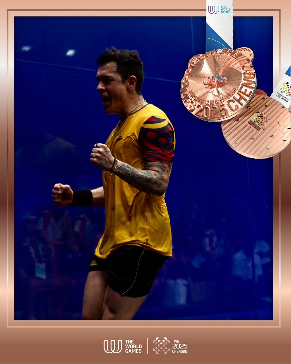 WorldSquash's tweet photo. 🇨🇴 HE’S DONE IT AGAIN! 🥉

@MiguelSquash fights back from a game down to win bronze for Colombia at The World Games 2025!

Result: The World Games Men’s Bronze Medal Match

🇨🇴 Miguel Rodriguez beats Dimitri Steinmann 🇨🇭
3-1: 5-11, 11-8, 11-5, 11-6

#TheWorldGames https://t.co/N7n7jxYNv6