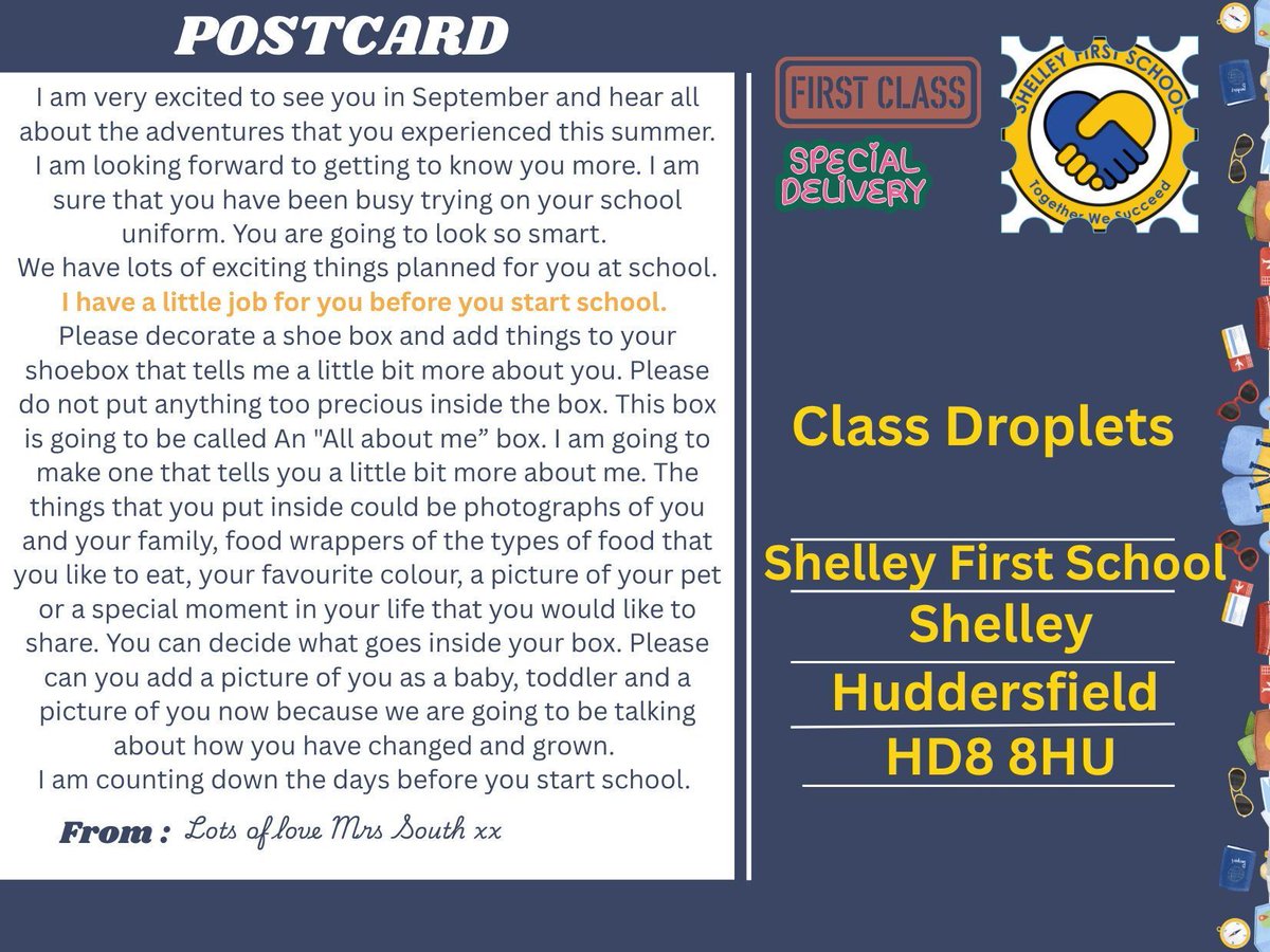 A postcard from Mrs South to our new Reception children..... We can't wait to see your "All About Me" boxes in September. We hope that you are having a lovely Summer.