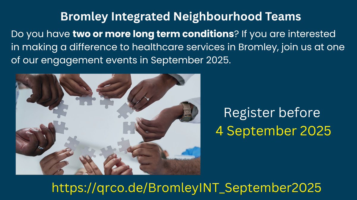 One Bromley health and care partners are developing services for people with multiple long term health conditions and would like to hear from Bromley residents. 

Please register to one of the sessions by 4th September