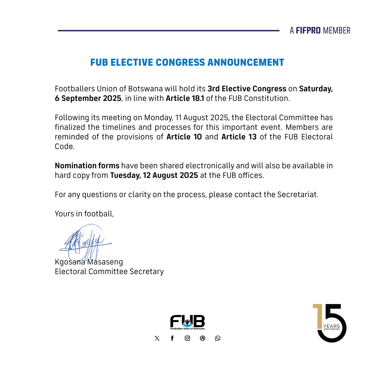 FUB_BW's tweet photo. ๐ข FUB Elective Congress Announcement โฝ
#FUB #ElectiveCongress #BotswanaFootball #PlayerPower https://t.co/xq04IKGg8E
