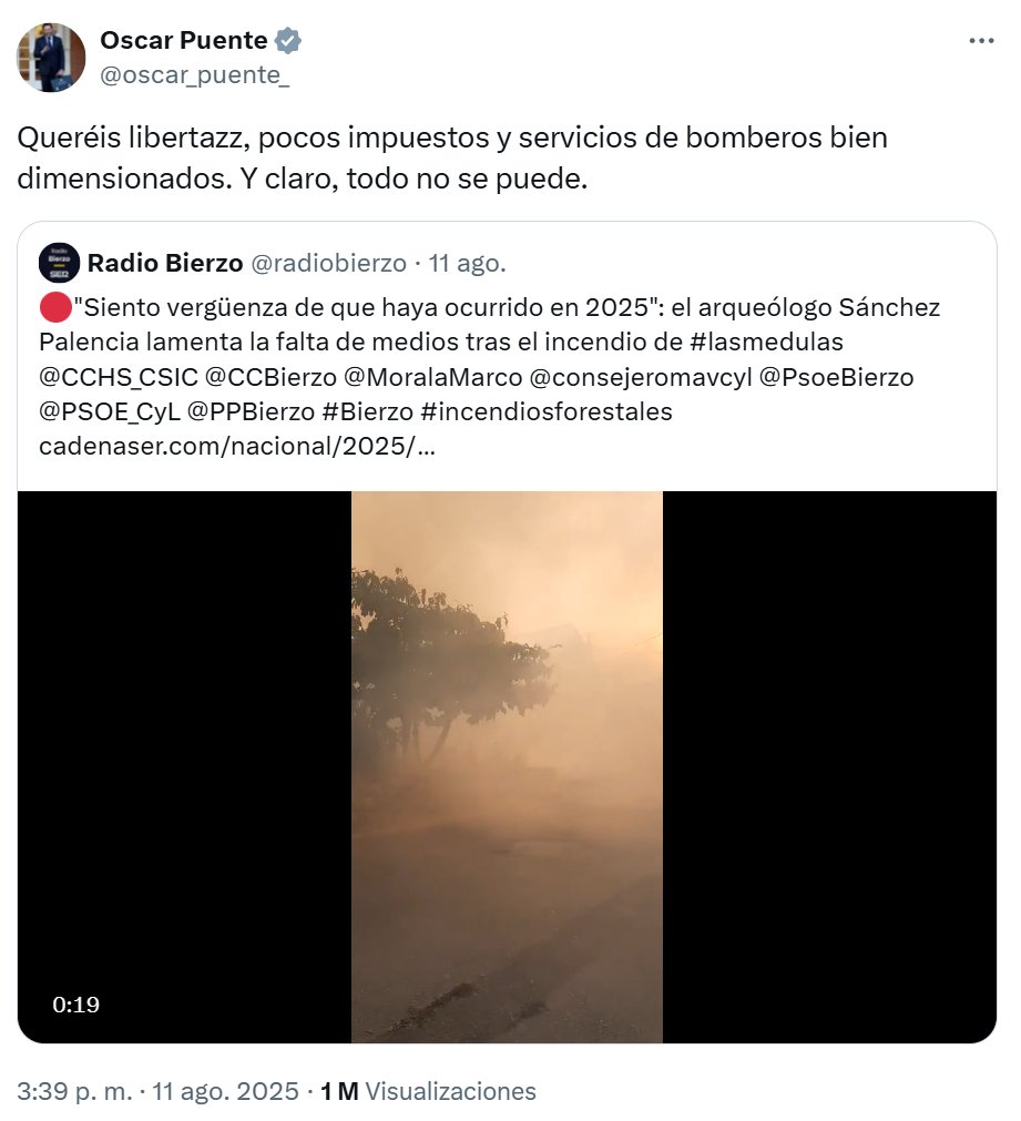 ¿En Castilla y León tienen tan pocos impuestos que no se pueden permitir un servicio decente de bomberos?

- Pagan hasta un 46% de sus ingresos en IRPF
- Pagan más del 35% de su trabajo en cotizaciones sociales
- Pagan un 21% de su consumo en IVA
- Pagan hasta un 28% de su ahorro