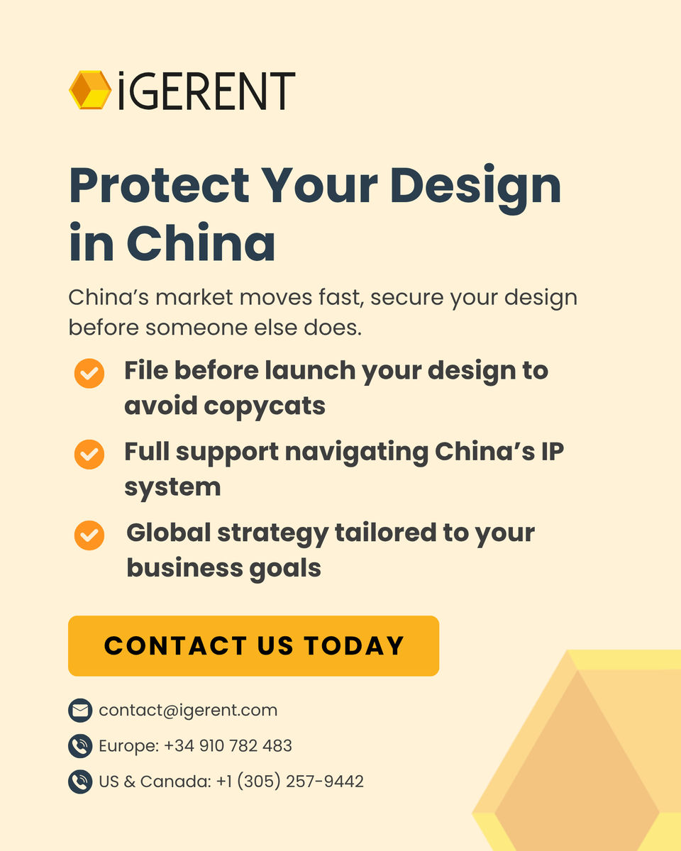 igerent's tweet photo. China is full of opportunity, but only if your design is protected.
Secure your product’s unique look with iGERENT’s industrial design services.
👉 https://t.co/4xgBm8Z3U9
What’s your vision for China?
#DesignRights #IntellectualProperty https://t.co/GKaL2ESwzb