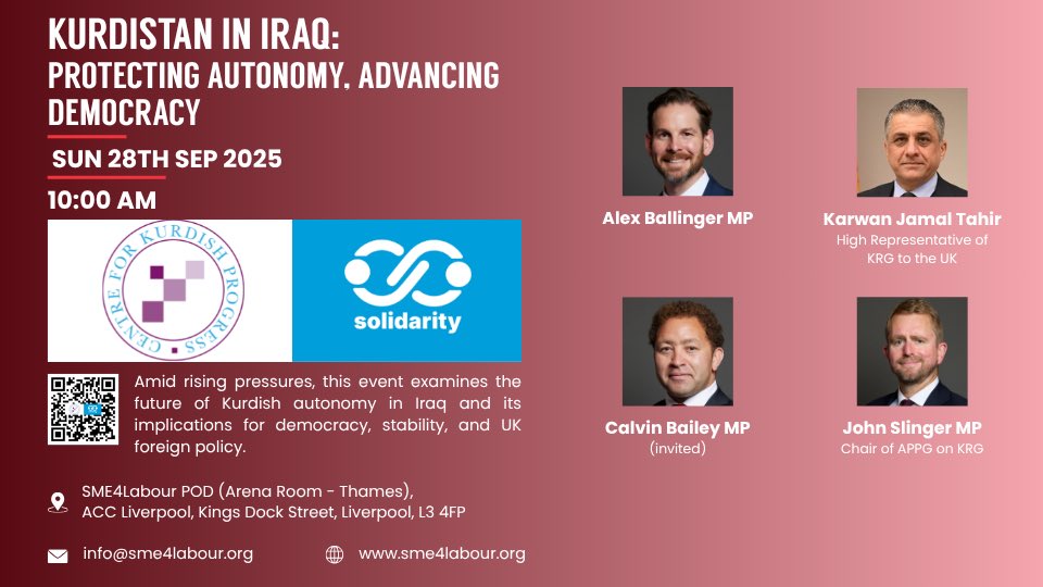 Kurdistan in Iraq: Protecting Autonomy, Advancing Democracy
📅 Sun 28 Sept | 🕙 10:00 | ACC Liverpool (secure zone)

At Labour Annual Conference, join MPs, Kurdish representatives &amp; experts to explore how to safeguard Kurdish autonomy, strengthen democracy &amp; shape UK policy.

🎤