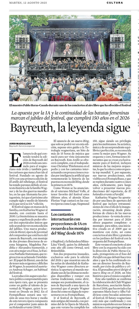 JordiMadd's tweet photo. Novetats #exclusiva @WagnerFestival 2025.
#Rienzi 1er i únic any al #Festpielhaus nova prod.
Nou #Ring amb #IA homenatge 150è aniv. fundació #BayreutherFestspiele amb #Thielemann #Volle #Värelä i #Vogt. Segueixen les #Kinderoper (foto #Tannhäuser 2024). #Bayreuth
@LaVanguardia https://t.co/2oeYSR7X9l