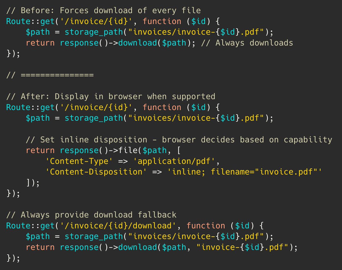 PovilasKorop's tweet image. Laravel tip.
Use `response()->file()` to display files in browser instead of downloading them!
Perfect for showing PDFs or documents inline.
Link to the docs: laravel.com/docs/12.x/resp…
#practicalLaravelDocs
Note: browser support varies by browser and user settings.