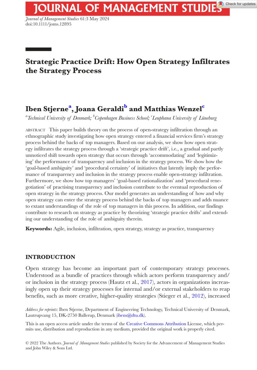 【論文紹介】アジャイル開発の浸透によって、トップ・マネジメントの聖域である戦略プロセスがオープン化した事例

【キーコンセプト解説：オープン戦略とは？】 オープン戦略とは、戦略プロセスにおいて「透明性（Transparency）」と「包摂性（Inclusion）」を実践すること
-&gt;