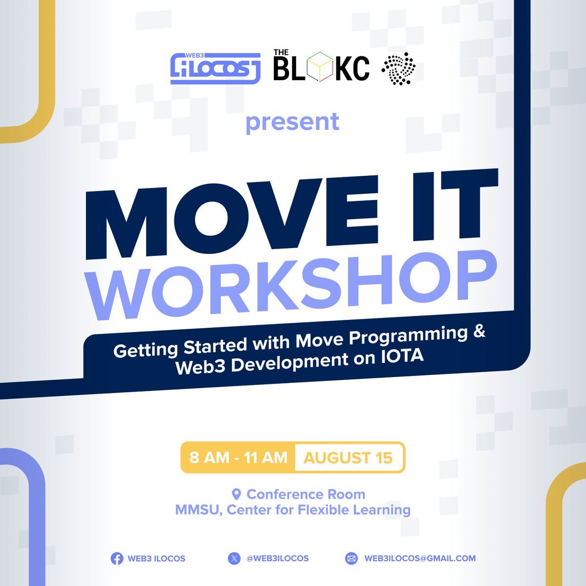 web3ilocos's tweet photo. 🚀 We’re bringing Move to Ilocos!
Join us for the Move It Workshop — a beginner-friendly session on Move programming and Web3 development with @iota.

📅 August 15
🕗 8 AM – 11 AM
📍 MMSU, Center for Flexible Learning

Learn the basics, explore real-world use cases, and start building your first onchain project! 💻✨
Seats are limited — don’t miss it!
#Move #MoveProgramming #Web3 #IOTA #Web3Ilocos