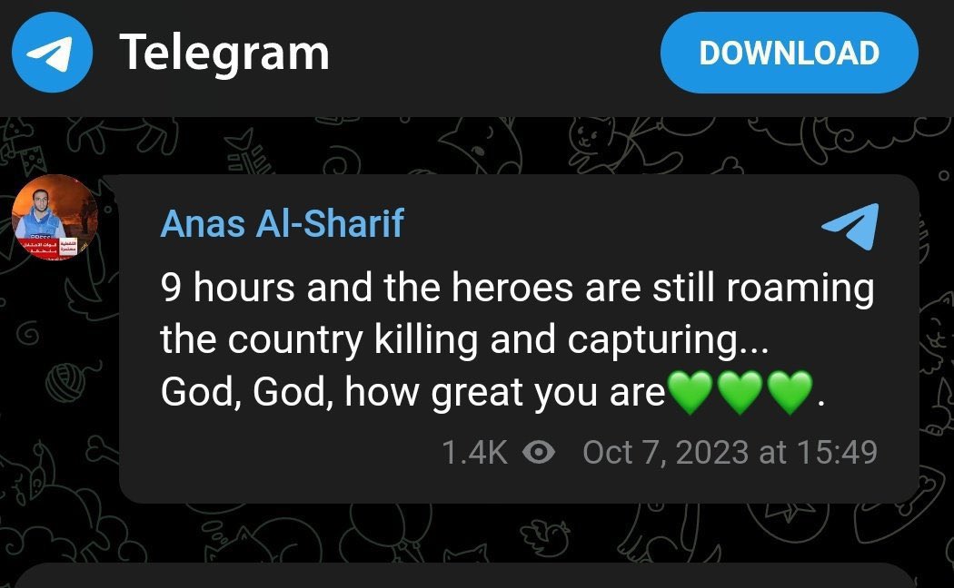 Halte à la Connerie (@halteconnerie) on Twitter photo 🔴Pour ceux qui mettraient en doute le message émétique d'Anas al-Sharif publié le 7/10:
"9 heures et les héros parcourent toujours le pays, tuant et capturant... Mon Dieu, mon Dieu, que tu es grand ❤️❤️❤️"
Cf la capture vidéo ci-dessous de <a href="/GAZAWOOD1/">GAZAWOOD - the PALLYWOOD saga</a> 🔴Pour ceux qui mettraient en doute le message émétique d'Anas al-Sharif publié le 7/10:
"9 heures et les héros parcourent toujours le pays, tuant et capturant... Mon Dieu, mon Dieu, que tu es grand ❤️❤️❤️"
Cf la capture vidéo ci-dessous de <a href="/GAZAWOOD1/">GAZAWOOD - the PALLYWOOD saga</a>