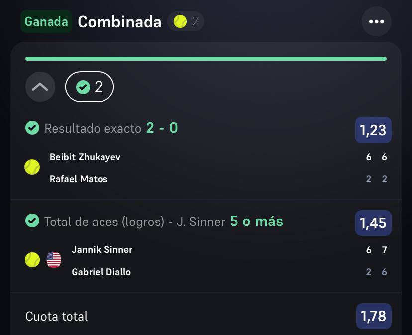 ZHUKAYEV 2-0 + SINNER 5 ACES ✅

Partido muy cómodo para Zhukayev como esperaba y nos tocó sufrir algo más con los aces de Sinner, porque tanto él como Diallo se liaron a hacer dobles faltas en el primer set y parecía un partido de patio de colegio más que de un M1000. Seguimos!