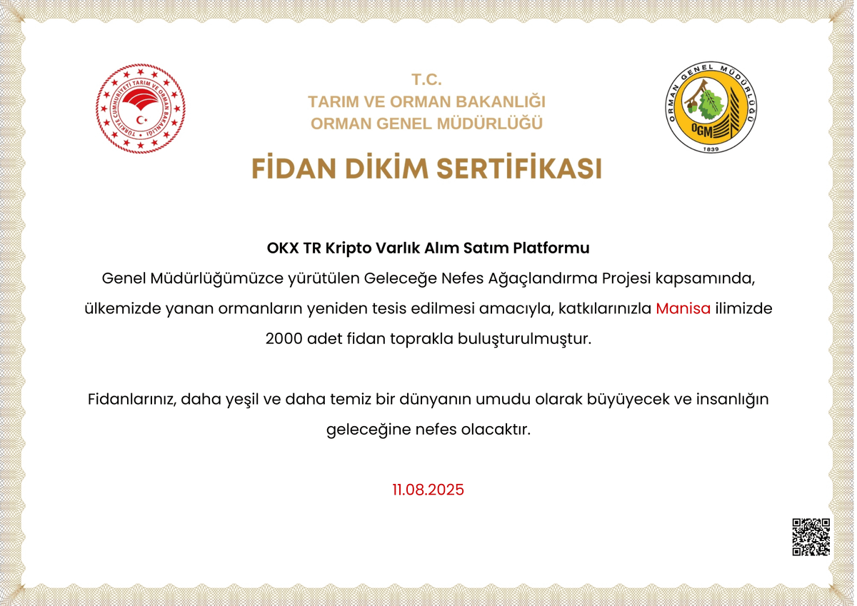 Türkiye genelinde artan orman yangınları nedeniyle, daha önce duyurduğumuz 10.000 fidanlık OKX TR Eren Tekin Hatıra Ormanı’na ek olarak; Çanakkale, Manisa, Bursa, Bilecik ve Tekirdağ illerinde 10.000 fidan daha bağışlayarak toplamda 20.000 fidana ulaştık.

Doğaya ve gelecek
