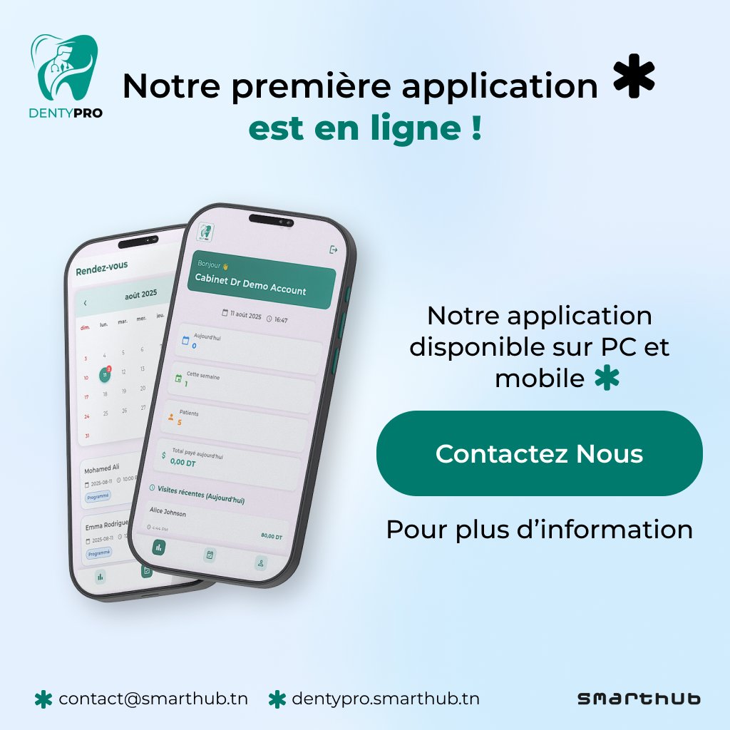 Smarthubtn's tweet photo. Nouvelle appli DentyPro en ligne ! 🚀 Gérez facilement votre cabinet dentaire (RDV, patients, finances) sur PC et mobile. Découvrez DentyPro ! #DentyPro #Dentaire #HealthTech #Mobile #France #Tunisie https://t.co/bvBxePoGYR