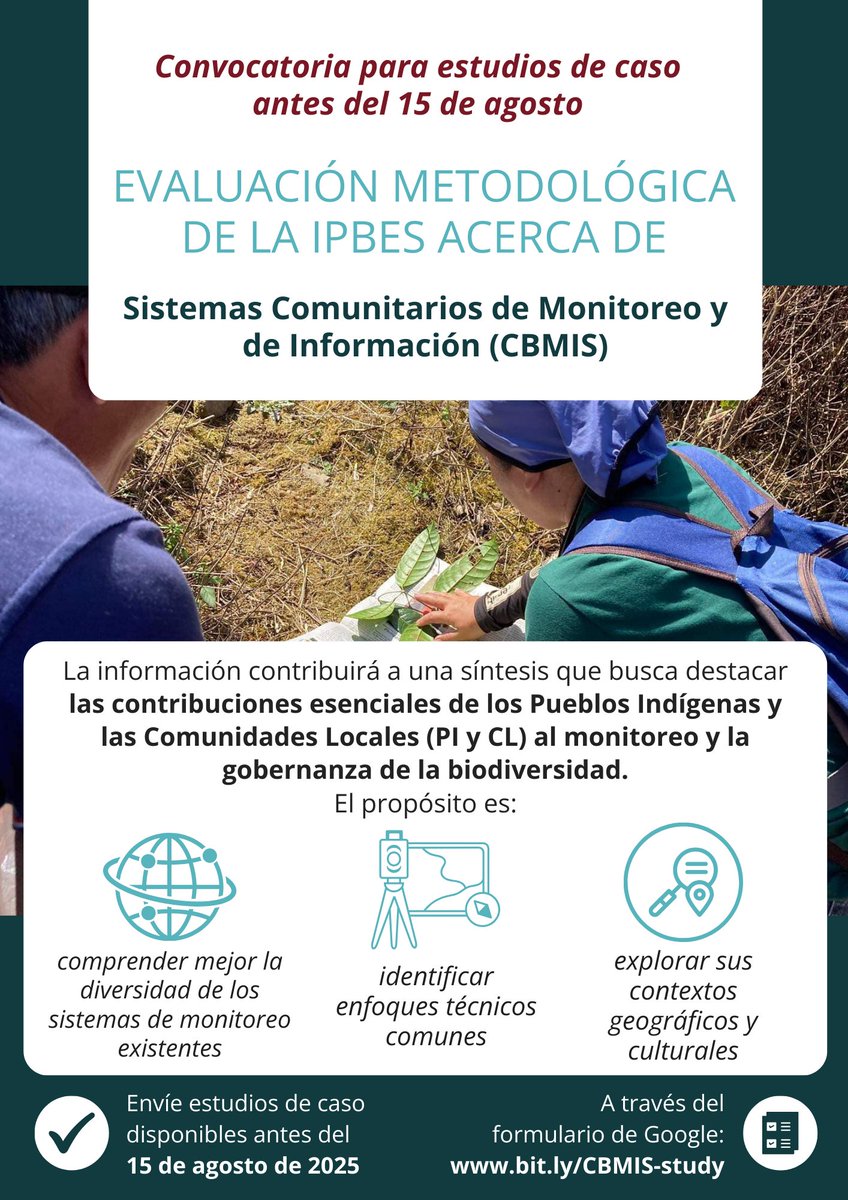 ForestPeoplesP's tweet image. 📣@IPBES is calling for case studies on Community-Based Monitoring &amp;amp; Information Systems (#CBMIS)

Help spotlight the vital role of #IndigenousPeoples &amp;amp; #LocalCommunities in biodiversity monitoring &amp;amp; governance 🌿

Submit existing case studies by 15 Aug
👉 docs-google-com.translate.goog/forms/d/1nCETc…