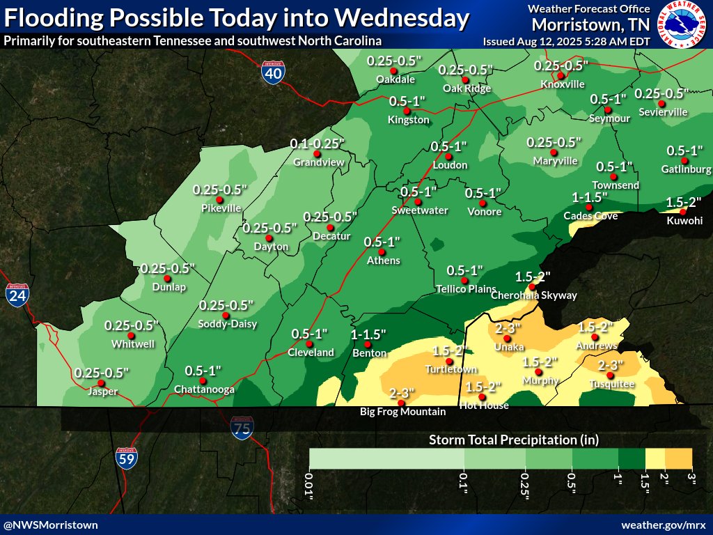 We'll be monitoring the potential for flooding primarily for southeastern Tennessee and southwest North Carolina today into tomorrow. 24 hour totals could amount to 1 to 2, or even up to 3 inches of rain in some locations.