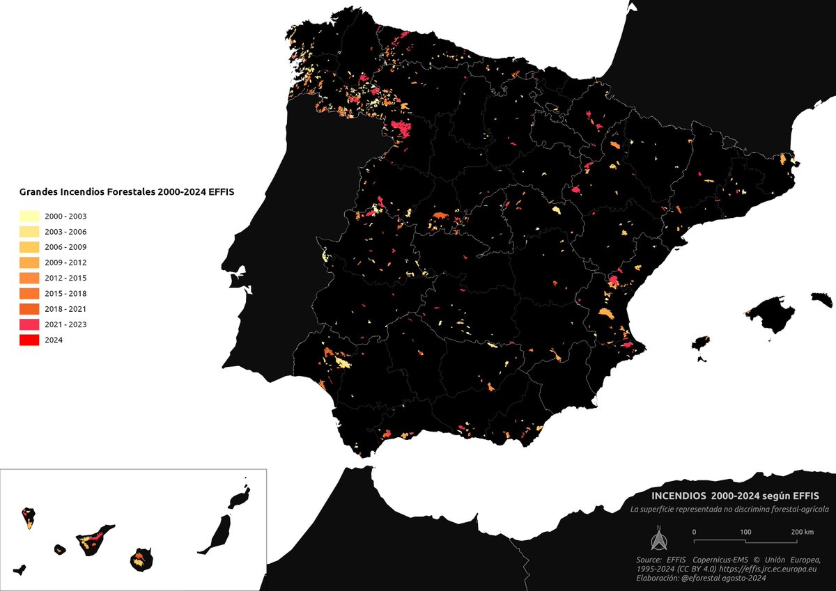 🔥🗺️ Mapa de los Grandes Incendios Forestales (GIF) no periodu 2000-2024

Nun ye casualidá que se concentren en Zamora, Llión y Ourense:
📉 Despoblación
🐐 Falta de pastoreu
🌳 Deficiente xestión ambiental
👩‍🚒 Falta de medios técnicos y humanos