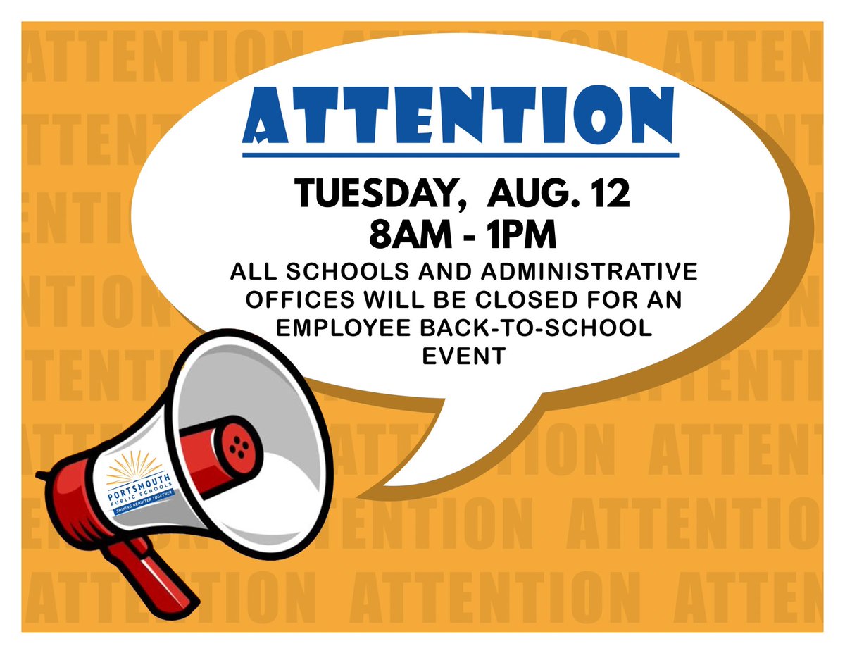 Portsmouth Schools (@portsvaschools) on Twitter photo Reminder: All schools and administrative offices will be closed today, Aug. 12, from 8am-1pm for an employee #BackToSchool event. #PPSShines Reminder: All schools and administrative offices will be closed today, Aug. 12, from 8am-1pm for an employee #BackToSchool event. #PPSShines