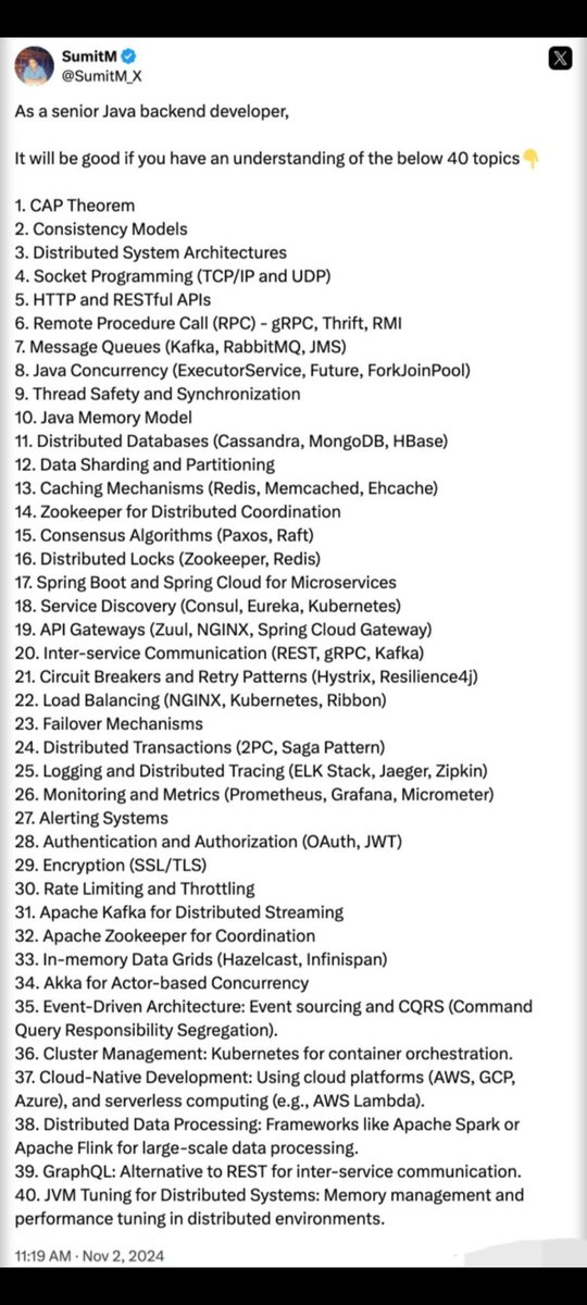 SumitM_X's tweet image. As a senior Java backend developer, please learn these 40 topics .