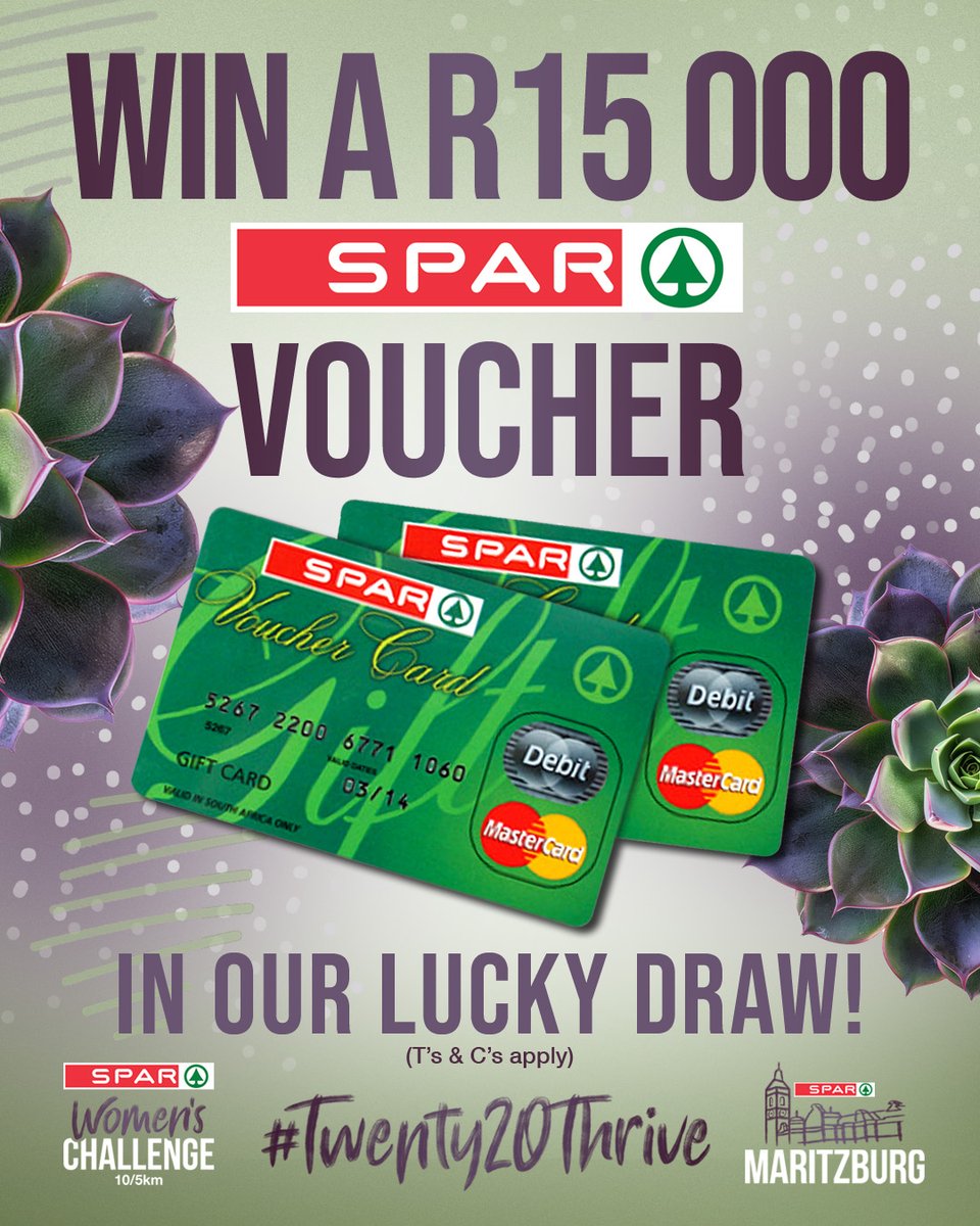 💵📣🌟 We are giving away a whopping R15 000 SPAR Voucher in our Lucky Draw on challenge day Sunday 17 August!
You must be at the Prize-Giving to be able to win - so please stay afterwards and this voucher could be yours!  (T's and C's Apply)
Prizes are for female participants.