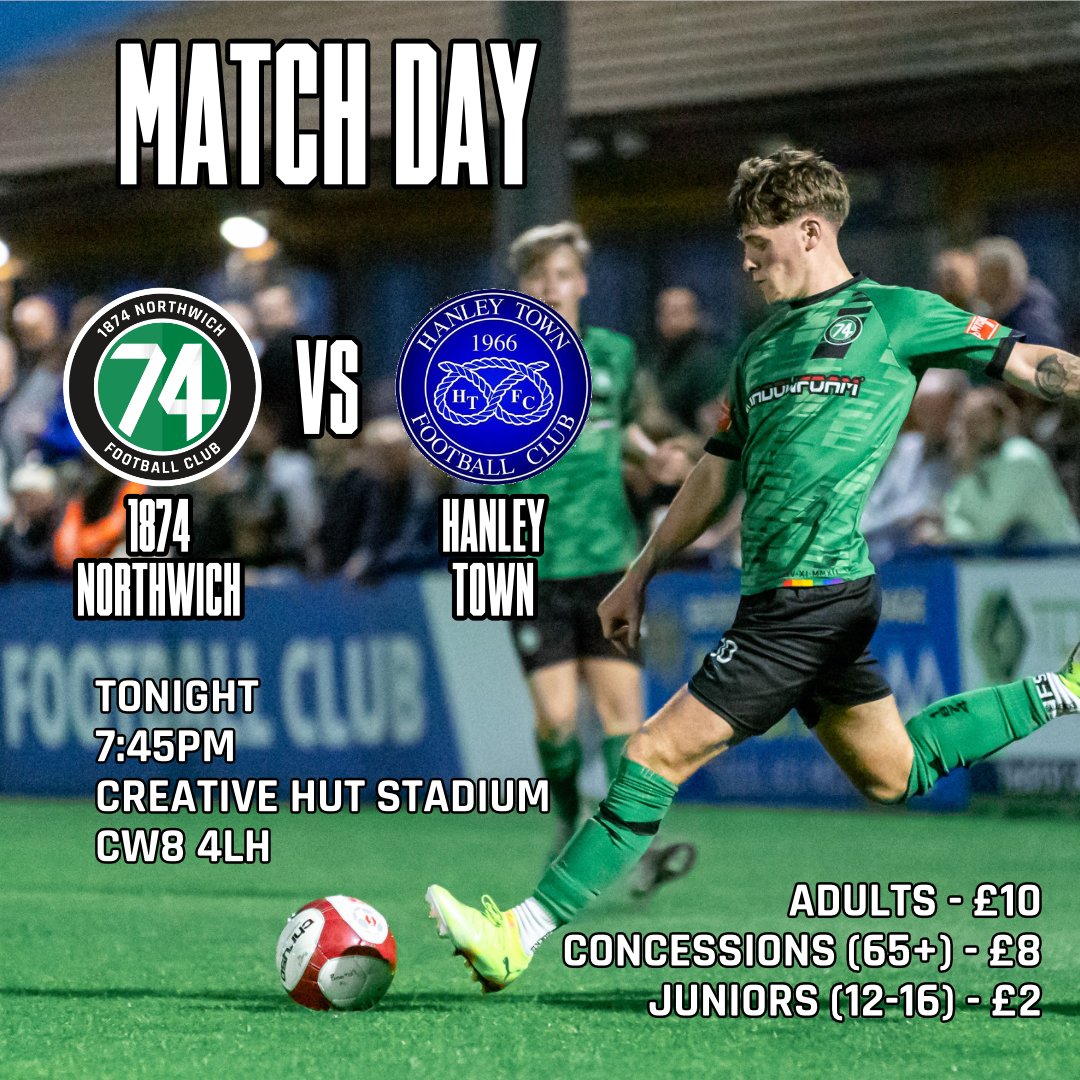1874Northwich's tweet photo. ⚽It's match day!

We welcome @HanleyTown66 to Townfield for our @MidlandLeague clash

Get yourselves down and show your support for the lads! https://t.co/tNk9fC0KSI