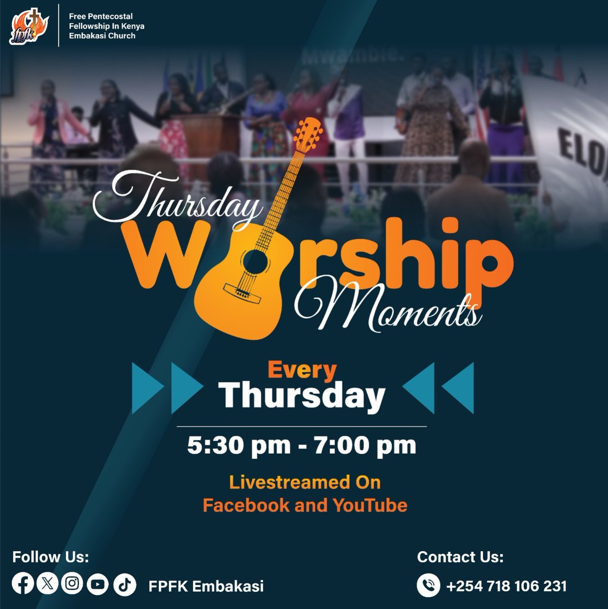 Join us this Thursday for a Spirit-filled #Worship session. 

Remember to invite someone!
#worship
#fpfkembakasi #TheYearOfRaisingTheStandardOfFaith