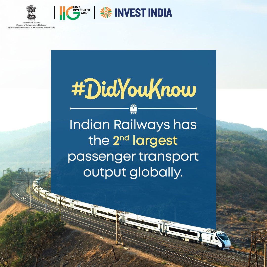 India Investment Grid (@iig_goi) on Twitter photo #GrowWithIndia
#NewIndia’s #railwaysector is on the fast track, powered by policy push, modernisation and rising demand, unlocking vast investment potential & boosting economic connectivity.
Get on board for India’s growth journey at bit.ly/Railways_IIG
#IIG <a href="/RailMinIndia/">Ministry of Railways</a> #GrowWithIndia
#NewIndia’s #railwaysector is on the fast track, powered by policy push, modernisation and rising demand, unlocking vast investment potential & boosting economic connectivity.
Get on board for India’s growth journey at bit.ly/Railways_IIG
#IIG <a href="/RailMinIndia/">Ministry of Railways</a>