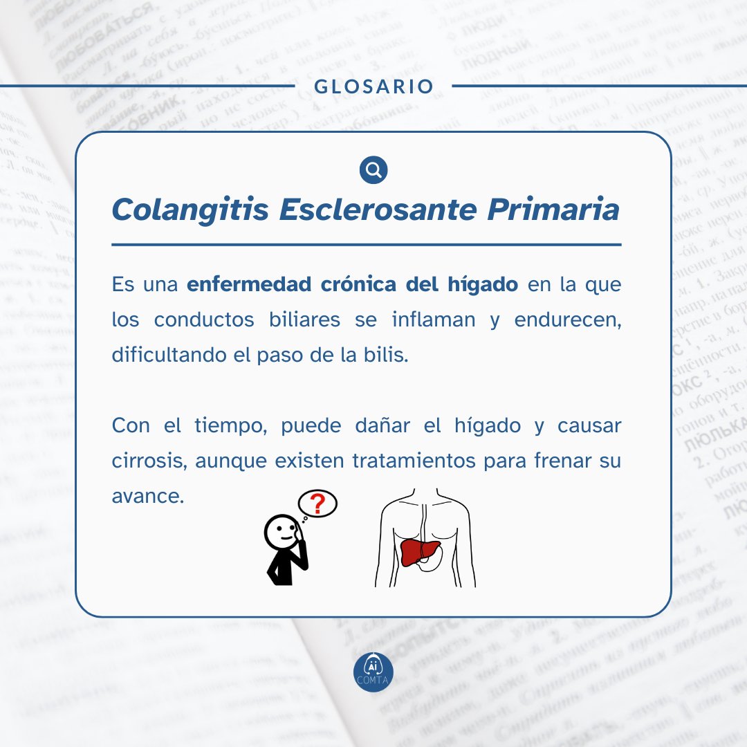 📖 #Glosario | #ColangitisEsclerosantePrimaria #CEP

🔹Enfermedad del hígado
 
#Medicina #Salud #InformaciónMédica #SaludDigestiva 

ℹ️Fuentes:  
* <a href="/pontegastro/">Digestivo Pontevedra Hospital Universitario</a> <a href="/ponsalsergas/">Área Sanitaria de Pontevedra e O Salnés</a>
 
🤝🏻Colaboran @fecyt_ciencia y #EncePlanSocialPontevedra / Pictogramas: <a href="/arasaac/">ARASAAC</a>