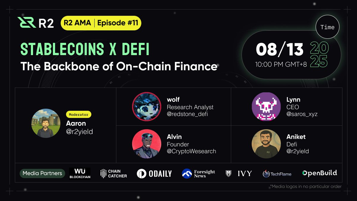 R2 Community (@r2yield) on Twitter photo 📢R2 AMA #11
Stablecoins x DeFi: The Backbone of On-Chain Finance
⏰August 13th | 10pm UTC+8
🎙️Twitter Space <a href="/r2yield/">R2 Community</a>
🌟With <a href="/redstone_defi/">RedStone ♦️</a>, <a href="/saros_xyz/">Saros</a>, and <a href="/CryptoWesearch/">Crypto Wesearch 每日幣研</a>
📷Win 100 USDT: Follow + Retweet + Comment (20 winners)! 📢R2 AMA #11
Stablecoins x DeFi: The Backbone of On-Chain Finance
⏰August 13th | 10pm UTC+8
🎙️Twitter Space <a href="/r2yield/">R2 Community</a>
🌟With <a href="/redstone_defi/">RedStone ♦️</a>, <a href="/saros_xyz/">Saros</a>, and <a href="/CryptoWesearch/">Crypto Wesearch 每日幣研</a>
📷Win 100 USDT: Follow + Retweet + Comment (20 winners)!