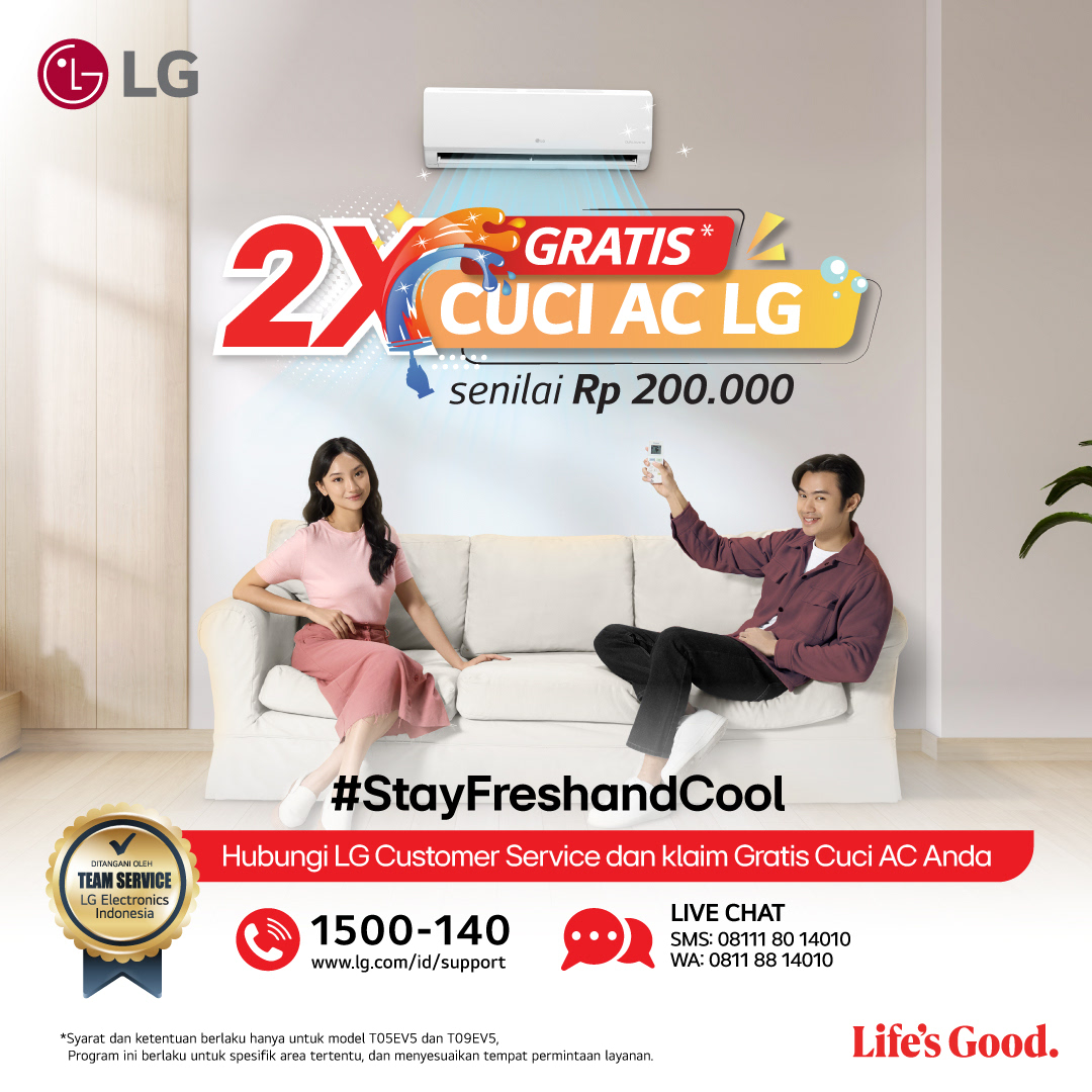 lgeindonesia's tweet photo. Beli AC, Gratis Cuci AC!
Nikmati promo 2x Free Cleaning untuk setiap pembelian AC LG Dual Cool Inverter.
Yuk, waktunya upgrade AC di rumah pakai LG!
#LifesGood #LG #LGElectronics #LGIndonesia #AirConditioner #LGAirConditioner #PromoAC https://t.co/coLEs5aaEB