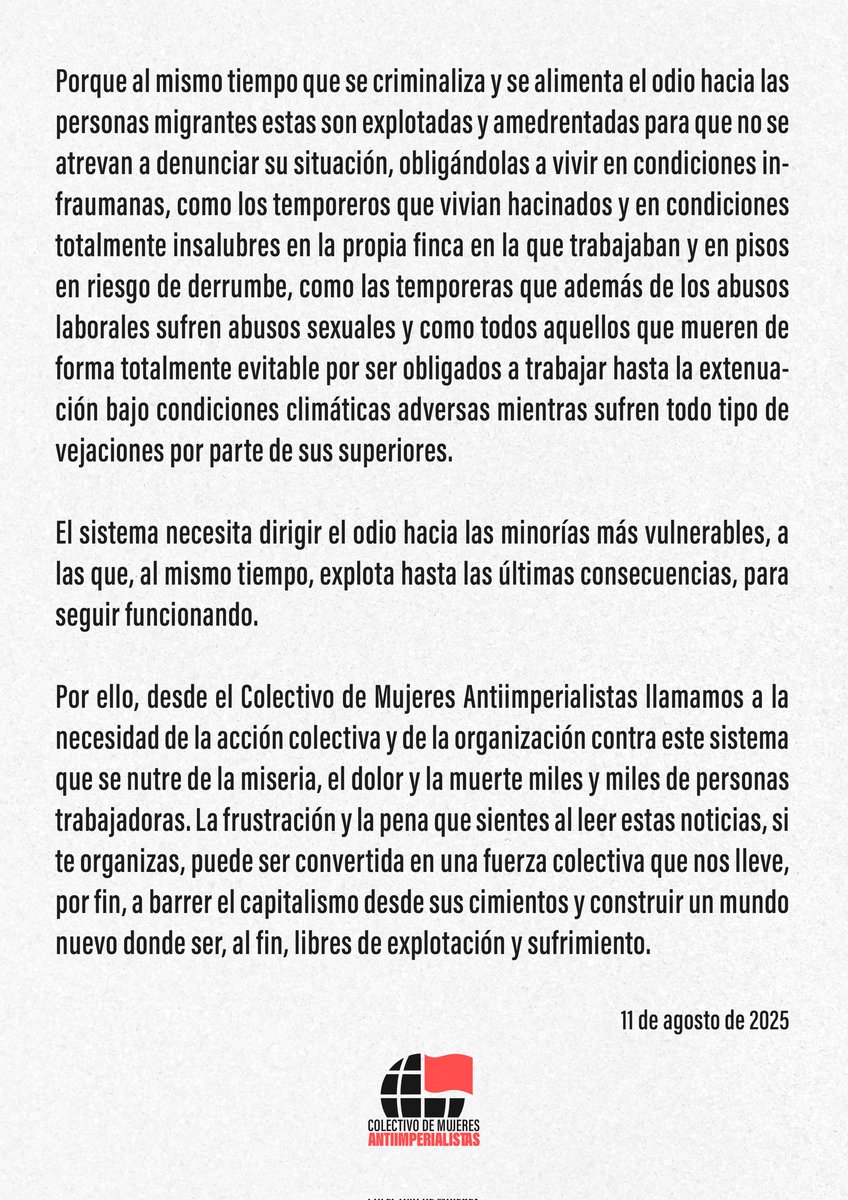 《La lucha contra el racismo es una cuestión de clase》 

Comunicado del Colectivo de Mujeres Antiimperialistas frente a los últimos acontecimientos que han tenido lugar en nuestra Región.

¡Por la liberación internacional de las mujeres trabajadoras!