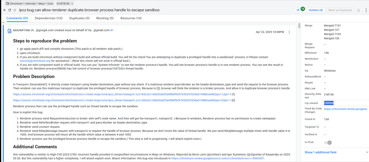 Google paid out $250,000 bounty for this bug. That's how it's done.

A bug in Chromium's Mojo component (CVE-2025-4609) allowed for a full sandbox escape. 🤯

A malicious renderer could basically trick the browser into handing over privileged process handles. Congrats to the