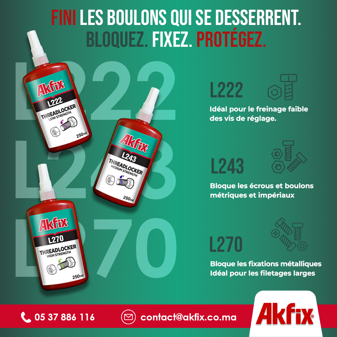 Akfix_Maroc's tweet image. 🔩 Fini les boulons qui se desserrent !
Akfix Threadlocker :
L222 ➡ Réglages précis
L243 ➡ Écrous &amp;amp; boulons
L270 ➡ Filetages larges

💪 Bloquez. Fixez. Protégez.

#Akfix #Threadlocker #Maintenance #Industrie #Sécurité