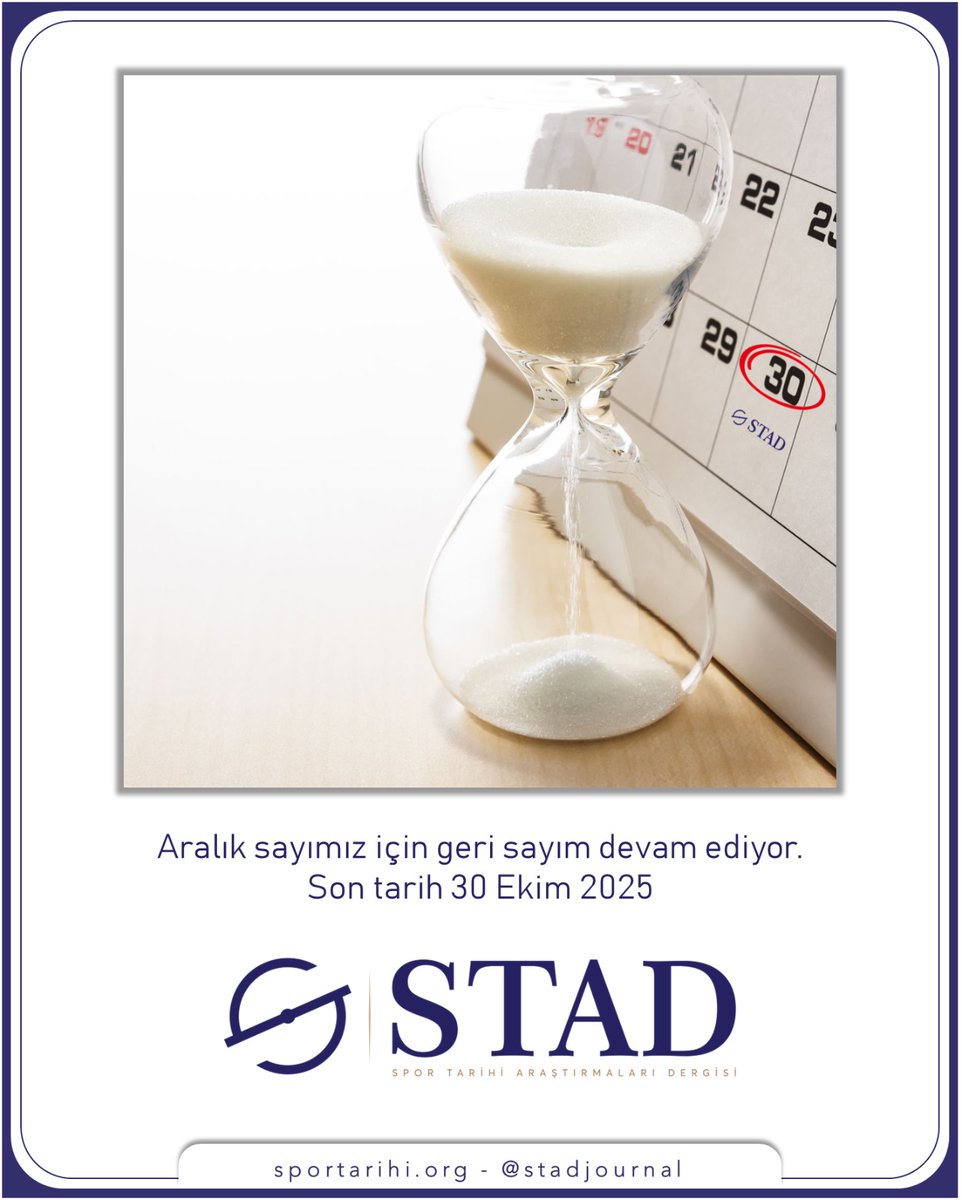 STAD’ın Aralık sayısı için son makale kabul tarihi 30.10.2025 olup, çalışmalarınızı sportarihi.org de yer alan makale takip sisteminden yükleyebilirsiniz.