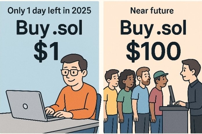luxsolana_id's tweet photo. You still have enough time to get your Web3 identity for $1.
Only 1 day left in 2025 — buy .sol now.
Don't end up waiting in line to pay $100 in the near future.
#Solana #SNS #solanaNameService #Web3 #DotSol https://t.co/VqYxL4OrZf