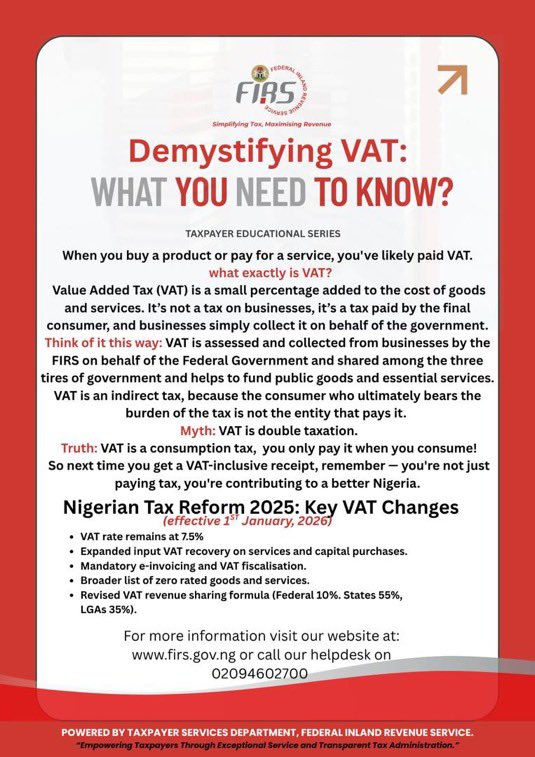 OriyomiOflagos's tweet photo. It’s Tax Thursday again
This month we’re unpacking VAT.
what’s new, what’s changing and how it impacts your everyday spending.
🗓 14 Aug 2025
📍 All FIRS offices nationwide
Ask questions. Get answers. Know your tax.
@FIRSNigeria @AskFIRS
#SimplifyingTax #MaximizingRevenue https://t.co/anExZsYSTA