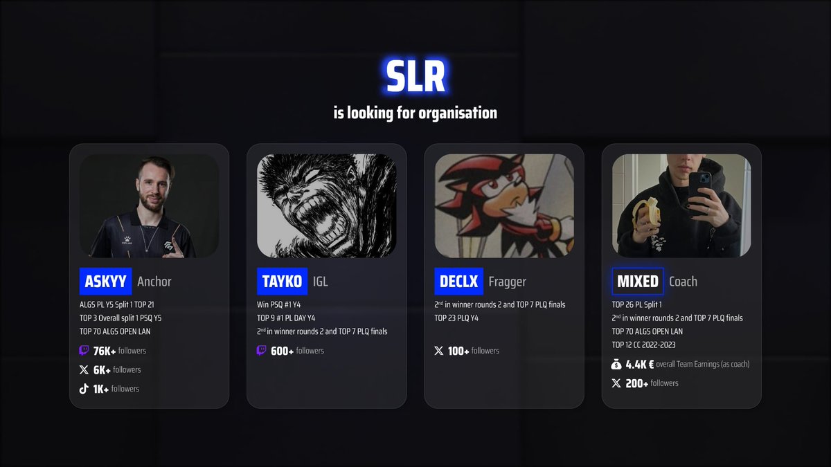 SLR is looking for an organization to represent for EMEA Pro League split 2  and all future events !! 
Full French roaster ^^  

You can contact us on discord (taykotki) or on Twitter dm