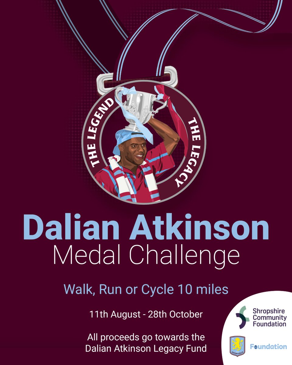 We've got another Medal Challenge 🤩🏅

Our latest medal challenge is in collaboration with the Shropshire Community Foundation to honour the life and legacy of Dalian Atkinson.

Themed to Dalian’s number 10 shirt, supporters are invited to walk, run, or cycle 10 miles and donate