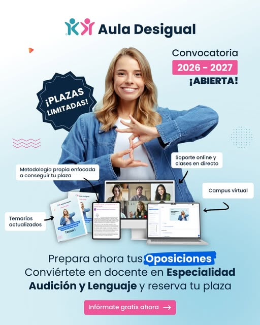 Aula DesIgual (@auladesigual) on Twitter photo Abierto el plazo para la matriculación en la preparación de oposiciones de #AudiciónYLenguaje para Andalucía 2027. Comienzo de las clases en enero de 2026. Más info en auladesigual.com/oposiciones/op… Escríbenos al correo info@auladesigual.com Abierto el plazo para la matriculación en la preparación de oposiciones de #AudiciónYLenguaje para Andalucía 2027. Comienzo de las clases en enero de 2026. Más info en auladesigual.com/oposiciones/op… Escríbenos al correo info@auladesigual.com