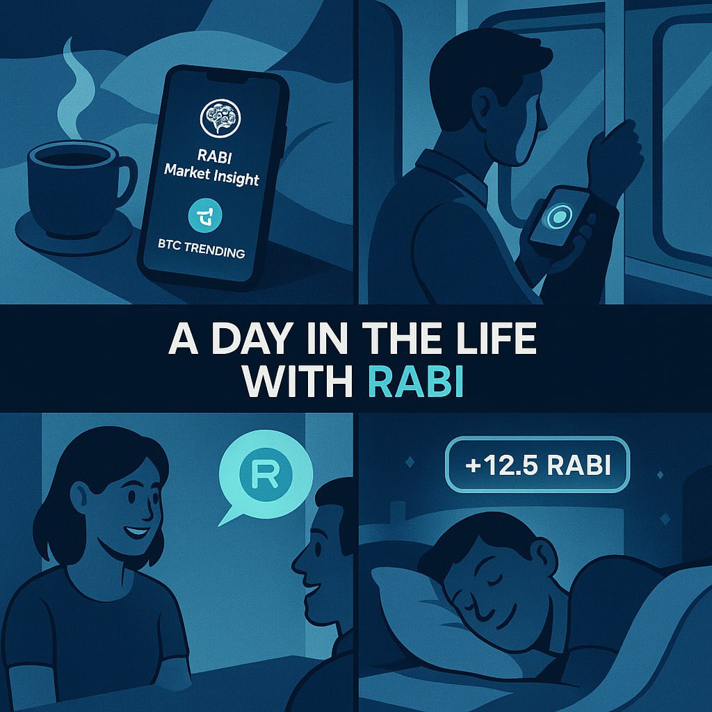 ☕️ Wake. Move. Earn. Sleep. Repeat — with RABI.
From market insights in the morning to staking rewards while you sleep, RABI fits seamlessly into your day.
Decentralized AI isn’t a future fantasy — it’s already powering your lifestyle.

🌐 Live smart. Live decentralized. Live