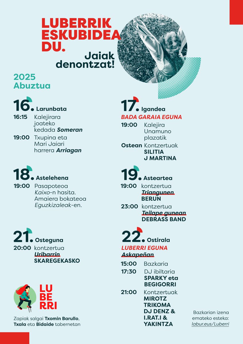 "Inoiz baino ozenago aldarrikatuko dugu Luberrik beste konpartsekin batera parte hartzeko eskubidea duela"

Beste konpartsa batzuekin elkarlanean, egitarau zabala antolatu du <a href="/Luberri_K/">Luberri Konpartsa</a>|k Bilboko Aste Nagusirako, eta ekimen berezi bat izango da 17an

🔗 gedar.eus/aktualitatea/i…
