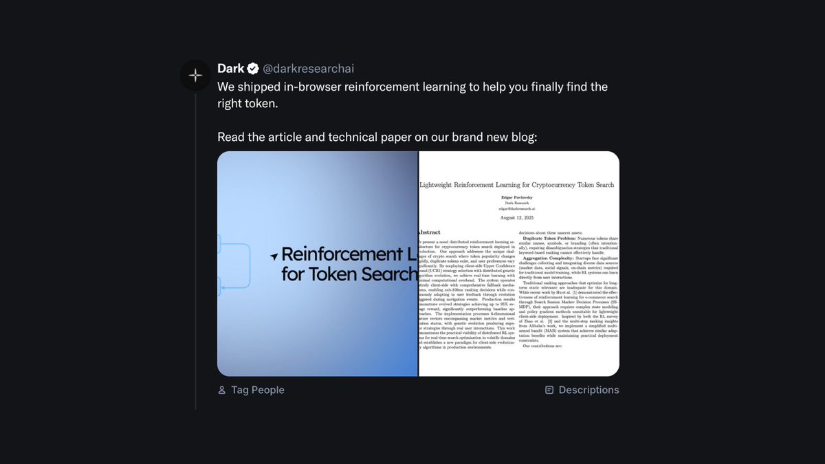 Screenshot of Dark Research's announcement on in-browser reinforcement learning for token search