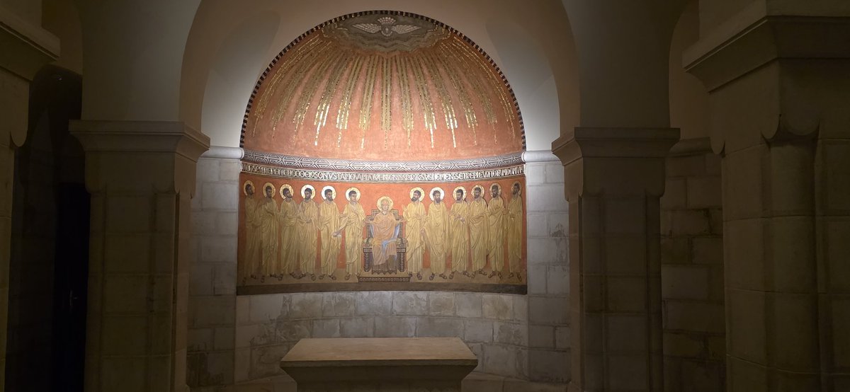 EricDHuntsman's tweet photo. We began the second day of our #LastWeekWalk by busing to some sites on Mount Zion that we missed yesterday because of the khamsin dust storm. The first was the Cenacle, a Crusader-era building on the site of an earlier Jewish-Christian synagogue that marked the site of the Last Supper (it also holds a former Muslim site honoring Nabi Daoud, the prophet David, later adopted as the Jewish Tomb of David).
We also briefly visited Dormition Abbey, a German Benedictine church built in 1900 on the site of thr Byzantine Basilica of Holy Sion that commemorated the peaceful death of Mary as well as the Last Supper and Pentecost that were marked by the neighboring Jewish-Christian synagogue.
#HuntsmansintheHolyLand #BYUJerusalemCenter