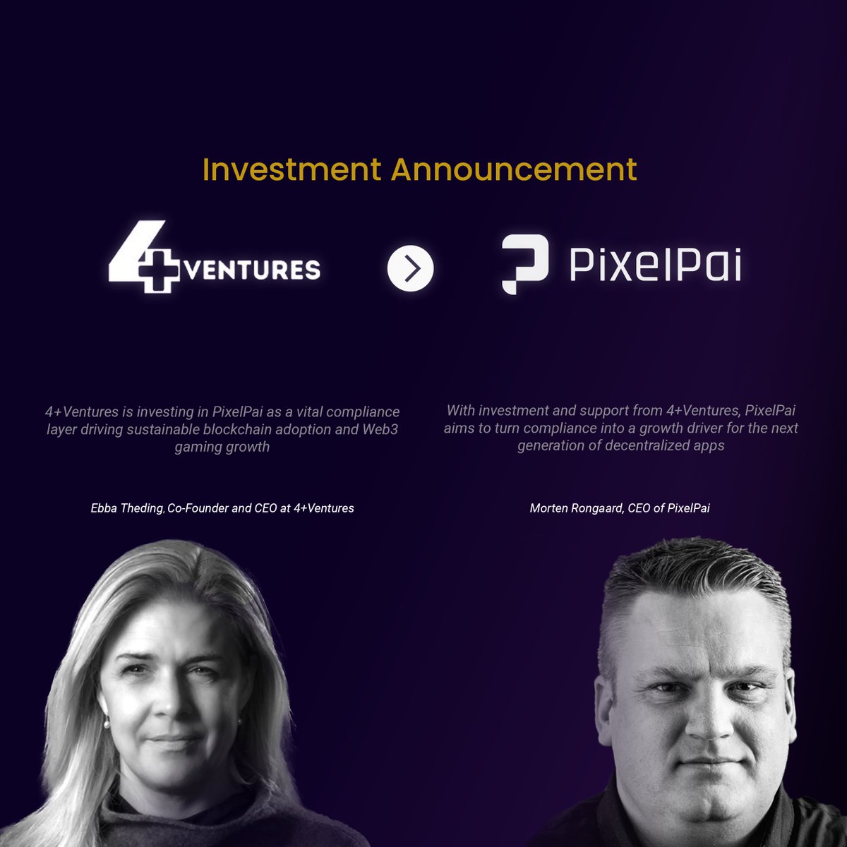 4plusVentures's tweet photo. @4plusVentures  Announces €500,000 Venture-Building Investment in @Pixel_Pai  to Advance Web3 Compliance Infrastructure.
Stockholm, Sweden –2025.08.12–  4+Ventures , a leading venture builder at the intersection of AI, Web3, and next-generation technologies, is proud to announce a €500,000 venture-building investment in PixelPai , a breakthrough startup redefining compliance infrastructure for the decentralized web.
PixelPai is building the backbone of compliant, scalable, and user-friendly Web3 applications. As the need for trust, security, and legal clarity grows across blockchain ecosystems, PixelPai’s infrastructure offers a timely and essential solution for both developers and platforms.

“At 4+Ventures, we believe PixelPai is a game-changer in the compliance layer of Web3. Its infrastructure is critical not only for sustainable blockchain adoption but also for unlocking the next wave of growth in Web3 gaming,” said @ThedingEbba , Co-Founder and CEO at 4+Ventures.

“This partnership with 4+Ventures is more than an investment - it’s fuel for our mission to make compliance a growth enabler in Web3, not a bottleneck. With their hands-on support and deep ecosystem ties, we’re ready to scale PixelPai where it’s needed most: at the heart of the next generation of decentralized apps,” said @rongaard , CEO of PixelPai.

This investment aligns with 4+Ventures’ commitment to backing infrastructure that powers the future of decentralized applications, particularly across gaming, identity, and web3 ecosystems.

About 4+Ventures
 4+Ventures is a global venture builder specializing in AI, Web3, and exponential technologies. With a growing portfolio of 15+ companies, 4+Ventures invests time, talent, and strategic capital to co-create category-defining startups alongside visionary founders and leading ecosystem partners.

About PixelPai
PixelPai delivers regulation-grade compliance for Web3, gaming, and digital assets. Through our API gateway, we embed KYC, AML, sanctions screening, and wallet risk scoring directly into blockchain applications - enabling any chain, app, or protocol to launch and scale with built-in cross-border compliance.