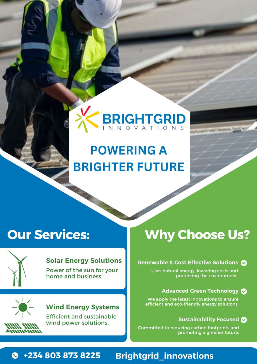 brightgrid_inn's tweet photo. Power a brighter future when you switch to solar with us. 
we make sure to give you the best and efficient solar solution, we offer consultation which enables us to design the best solar system for your home and business.
contact us today - +234 803 873 8225
#lagosbrand #lagos https://t.co/R7njqfut1H