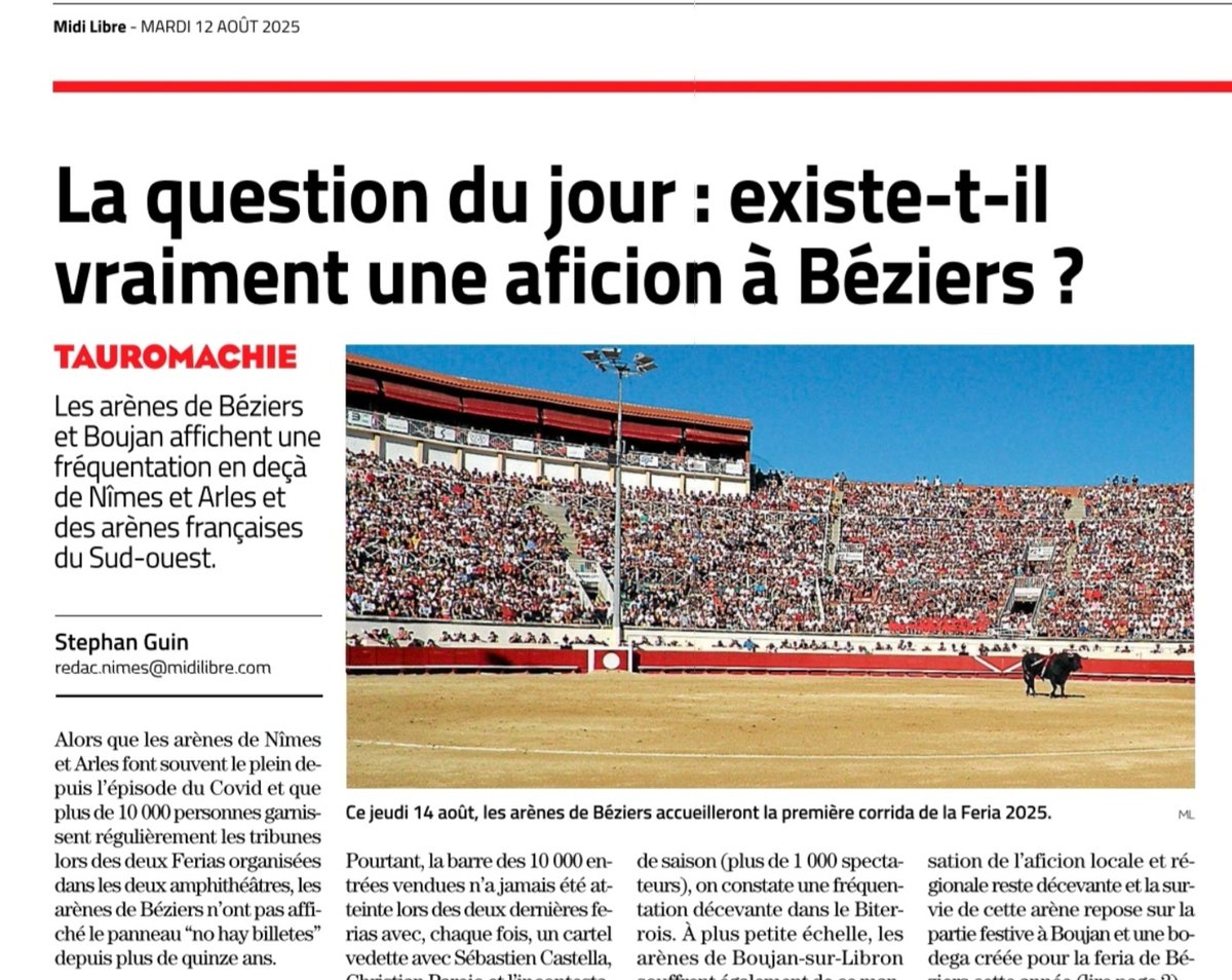 📣BÉZIERS  N'EST PAS UNE VILLE D’AFICION 
Ce ne sont pas les anti-corrida du <a href="/BeziersColbac/">COLBAC Anti Corrida Béziers</a> qui le disent mais c’est l’amer constat de l’aficionado chroniqueur <a href="/MLBeziers/">Midi Libre Béziers</a>  Les arènes ne se remplissent pas 
Ce n’est pas non plus faute de soutien de <a href="/VilleDeBeziers/">Ville de Béziers</a> et de son maire