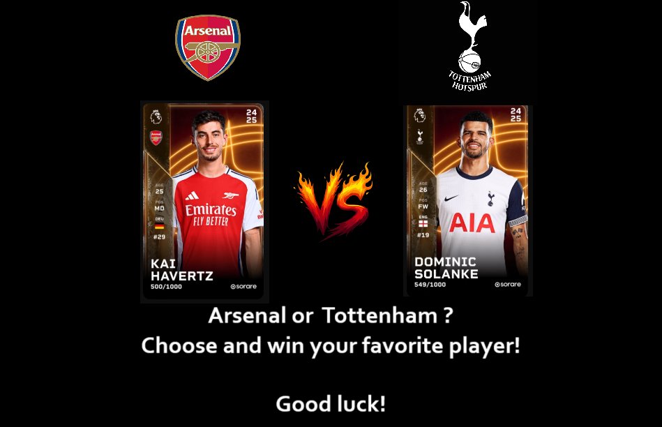 #sorare #giveaway 🎁 

New football rivalery giveaway!🆚 
This week: Arsenal vs Tottenham ! 
Choose and win your favorite card between those 2 players  

To enter :

1⃣ Like &amp; Retweet
2⃣ Follow me on x
3⃣ Manager name in comment👇

⌛️Sunday 17th 8pm

Good luck!