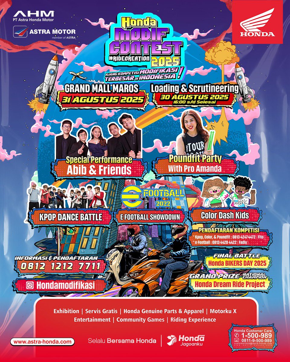Ramaikan kompetisi modifikasi motor terbesar di Indonesia, Honda Modif Contest 2025 💯

📍Grand Mall Maros
🗓️ 31 Agustus 2025
(Loading &amp; scrutineering pada 30 Agustus 2025)

Akan banyak kompetisi dan aktivitas seru lainnya! Jadi, ajak keluarga dan kerabat untuk ikutan.🔥