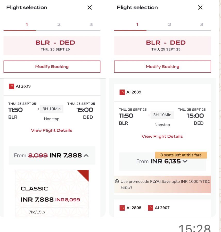 Swamii_says's tweet photo. Same flight, same date, same fare category ‘Classic’….

 @airindia charges Defence Personnel more… 😱

Why this Kolaveri Di?? @TataCompanies https://t.co/Dpy3X7k3dV